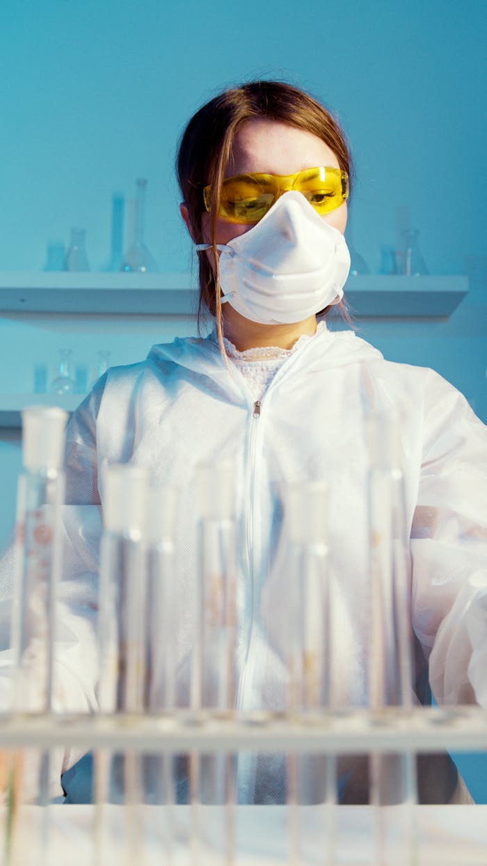 Female scientist in laboratory protective gear conducting analysis amid glass test tubes.