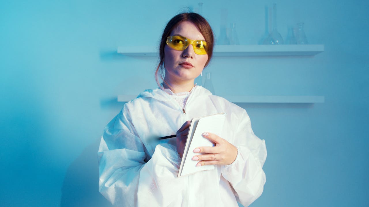 Confident female scientist in a lab coat taking notes in a laboratory.