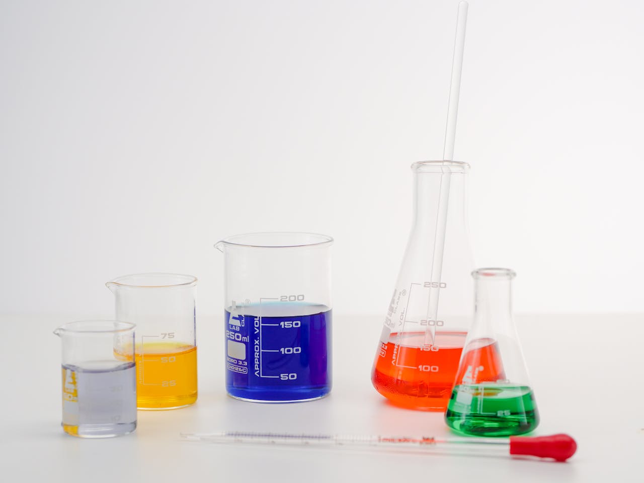 Laboratory glassware with colorful liquids, ideal for science and research themes.