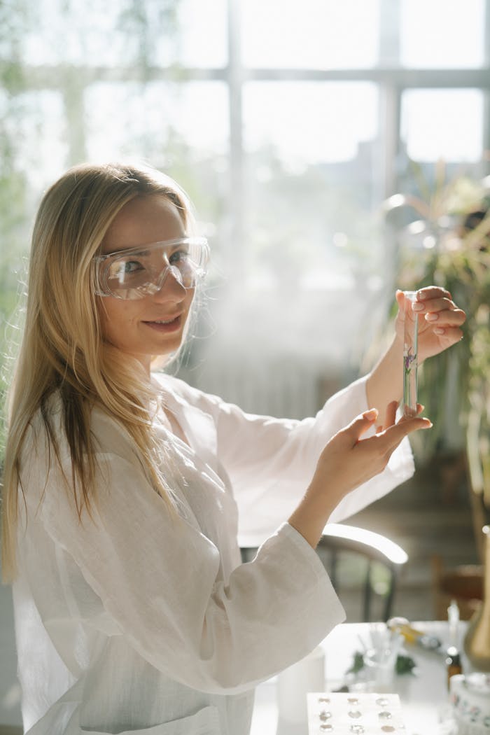 Blonde scientist in lab gown holding test tube in a sunlit laboratory setting.
