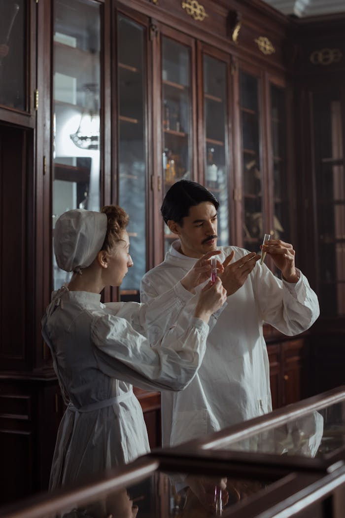 Retro scientist couple in vintage attire examining vials in an antique laboratory setting.