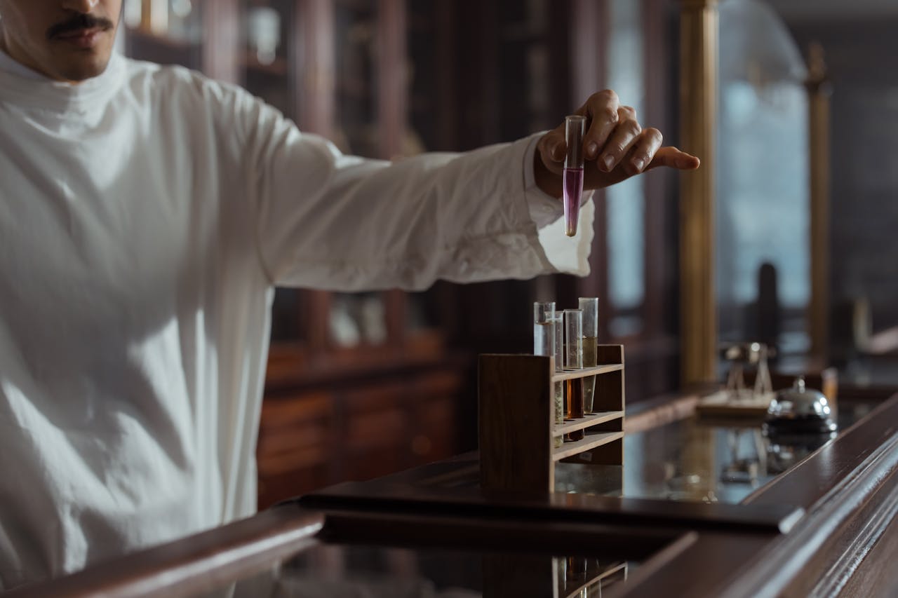 Pharmacist in classic lab holding test tube with liquid, vintage style.